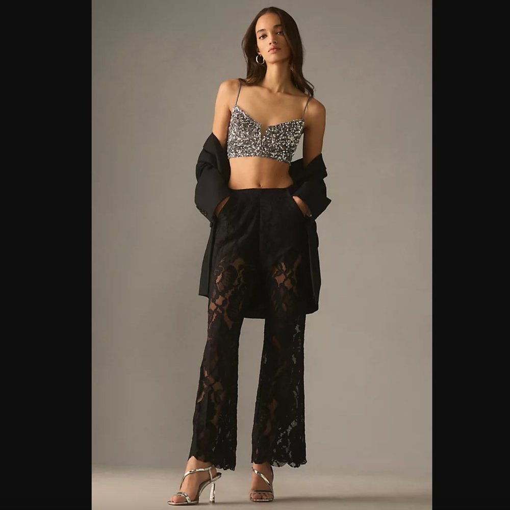 By Anthropologie Sheer Lace Flare Pants